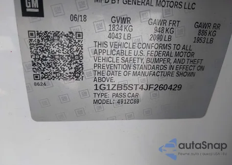 2018 Chevrolet Malibu 1Ls z USA, uszkodzony, nr VIN 1G1ZB5ST4JF260429